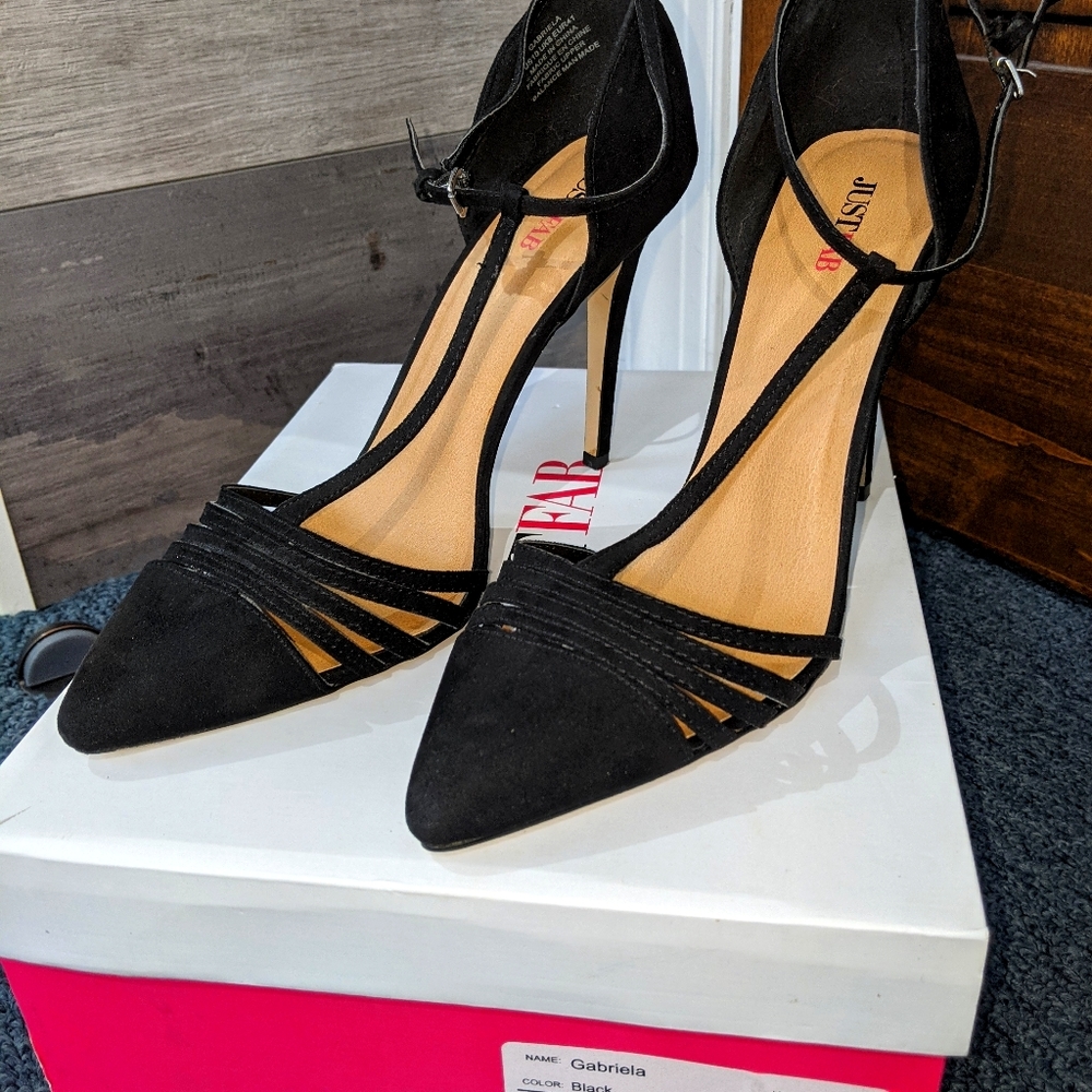 Black faux suede heels